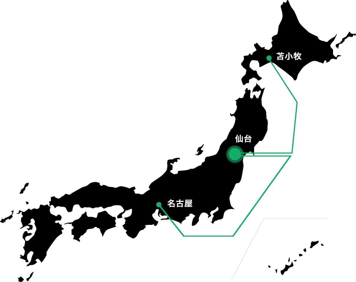 フェリーの航路を示すイラスト。名古屋と苫小牧から仙台へのフェリーが運行している